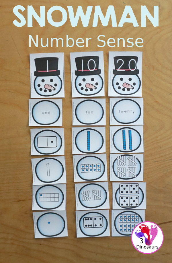 Free Snowman Number Sense from 1 to 20 with matching several different number types to the numerical number including tally marks, dominos, number word, ten frames, and tens and ones to build a snowman  - 3Dinosaurs.com