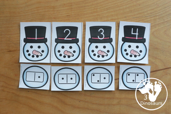 Free Snowman Number Sense from 1 to 20 with matching several different number types to the numerical number including tally marks, dominos, number word, ten frames, and tens and ones to build a snowman  - 3Dinosaurs.com