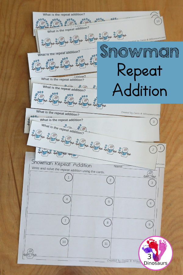 Free Snowman Repeat Addition Printable - you have 12 repeat addition snowman cards with three worksheets to use with cards. A great early multiplication center that you can use with kids. - 3Dinosaurs.com