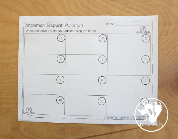 Free Snowman Repeat Addition Printable - you have 12 repeat addition snowman cards with three worksheets to use with cards. A great early multiplication center that you can use with kids. - 3Dinosaurs.com