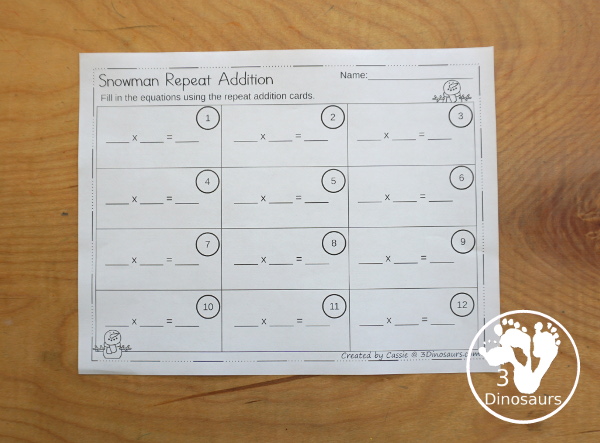 Free Snowman Repeat Addition Printable - you have 12 repeat addition snowman cards with three worksheets to use with cards. A great early multiplication center that you can use with kids. - 3Dinosaurs.com