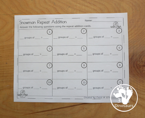 Free Snowman Repeat Addition Printable - you have 12 repeat addition snowman cards with three worksheets to use with cards. A great early multiplication center that you can use with kids. - 3Dinosaurs.com