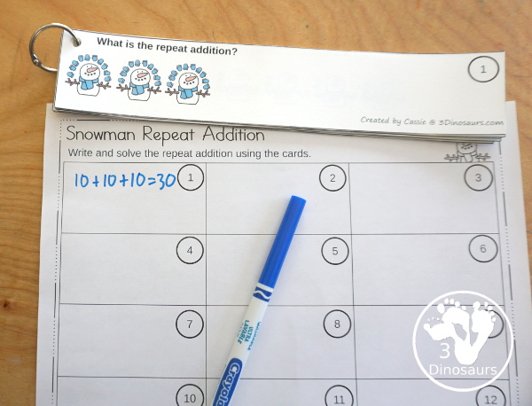 Free Snowman Repeat Addition Printable - you have 12 repeat addition snowman cards with three worksheets to use with cards. A great early multiplication center that you can use with kids. - 3Dinosaurs.com