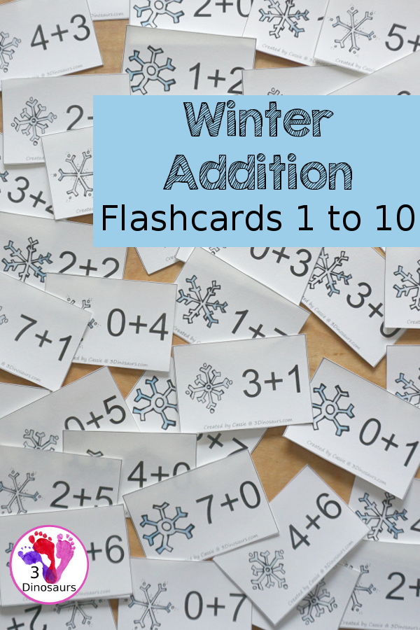 Free Winter Addition Flashcards with addition from 1 to 10 with all the ways to add up to each number - 3Dinosaurs.com