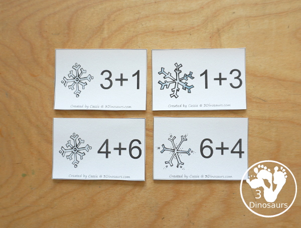 Free Winter Addition Flashcards with addition from 1 to 10 with all the ways to add up to each number - 3Dinosaurs.com