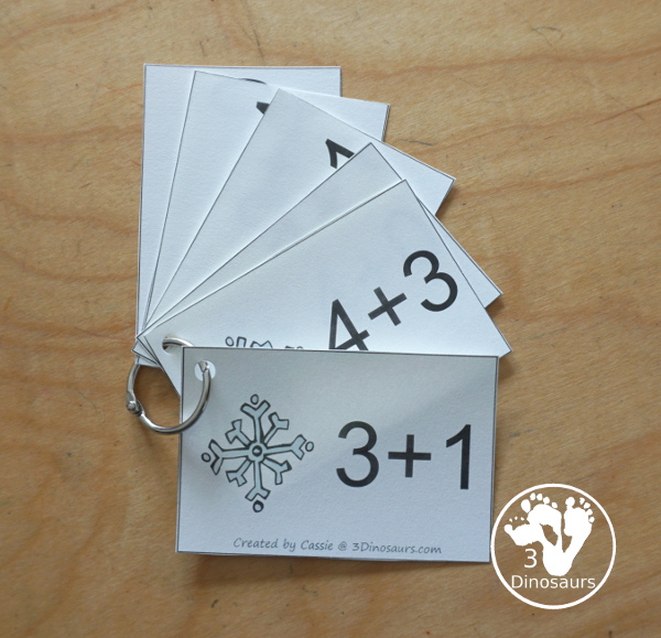 Free Winter Addition Flashcards with addition from 1 to 10 with all the ways to add up to each number - 3Dinosaurs.com