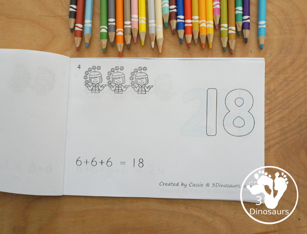 Free Winter Skip Counting by 6 Easy Reader Book - has an 14 page book with skip counting by 6 with visual skip counting by 6, 6 repeat addition, and numbers for the skip counting by 6 on each page for a great visual way to work on skip counting - 3Dinosaurs.com