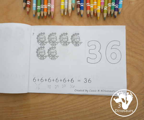 Free Winter Skip Counting by 6 Easy Reader Book - has an 14 page book with skip counting by 6 with visual skip counting by 6, 6 repeat addition, and numbers for the skip counting by 6 on each page for a great visual way to work on skip counting - 3Dinosaurs.com