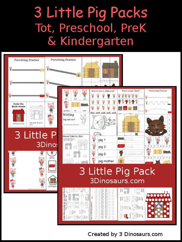 Free 3 Little Pigs Pack for Tot, Preschool, Prek & Kindergarten - with 3 little pigs vocab, information sheets, prewriting, dot marking, coloring, puzzle, and more with over 88 pages of printables 3Dinosaurs.com