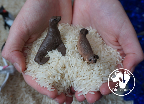 Antarctic Sensory Bin - a simple Antarctic sensory bin with animals, rice and acrylic blue rocks. Easy to set up and play time for kids - 3Dinosaurs.com