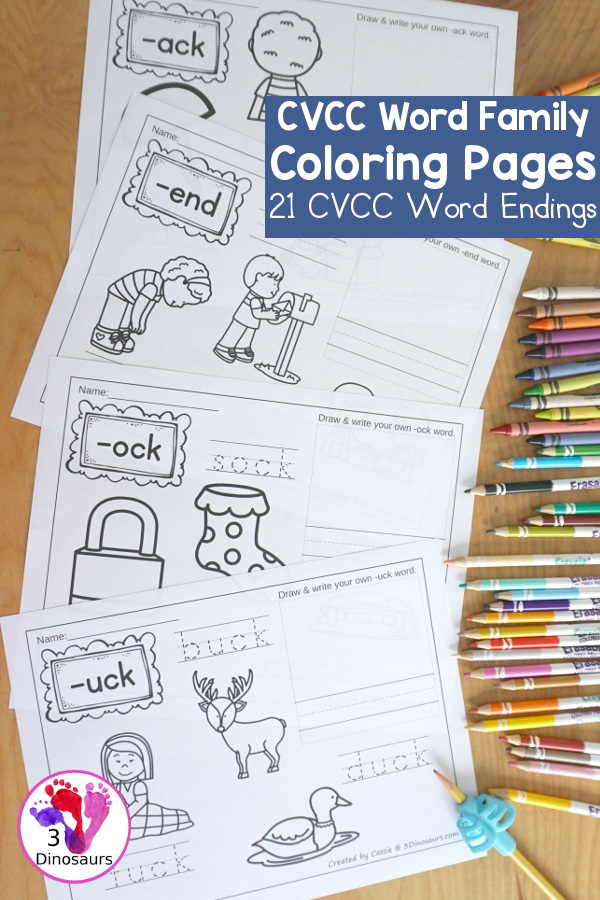 CVCC Word Family Coloring Pages Printables - 21 words with two coloring page options tracing words and writing words with matching vocab cards for kids. A great way to introduce CVCC words for kids. - 3Dinosaurs.com