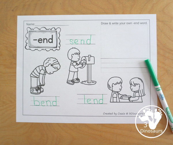 CVCC Word Family Coloring Pages Printables - 21 words with two coloring page options tracing words and writing words with matching vocab cards for kids. A great way to introduce CVCC words for kids. - 3Dinosaurs.com