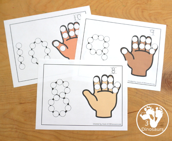 Hand Dot the Number & Counting:  - Numbers 1 to 20. You have a color version and a black-and-white version to use with kids. - 3Dinosaurs.com