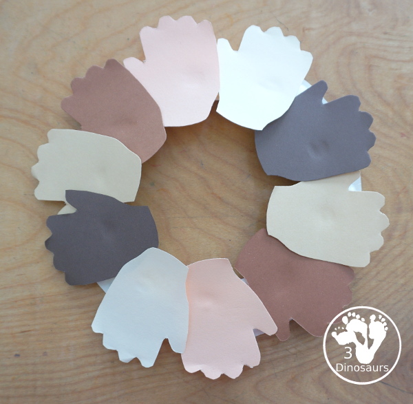 Hand Wreath Craft for working on unity or for a body learning with - a fun hands in different colors of skins to make with kids. - 3Dinosaurs.com