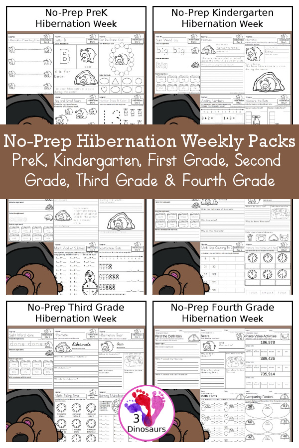 No-Prep Hibernation Weekly Packs PreK, Kindergarten, First Grade, Second Grade, Third Grade & Fourth Grade with 5 days of activities to do for each grade level With loads of different hibernating animals - You will find a mix of math, language, and more - These are easy to use packs for winter learning, and morning work. Easy no-prep printables for kids with four pages for each day - 3Dinosaurs.com