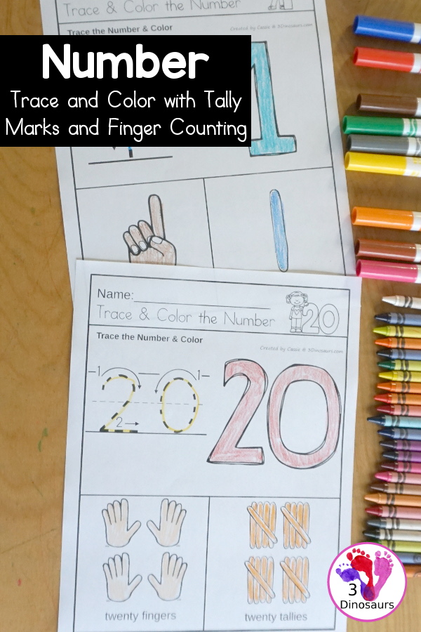 Number Trace and Color with Tally Marks and Finger Counting - Numbers 1 to 20 with four ways to work on each number - 3Dinosaurs.com