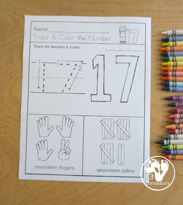 Number Trace and Color with Tally Marks and Finger Counting - Numbers1 to 20 with four ways to work on each number - 3Dinosaurs.com