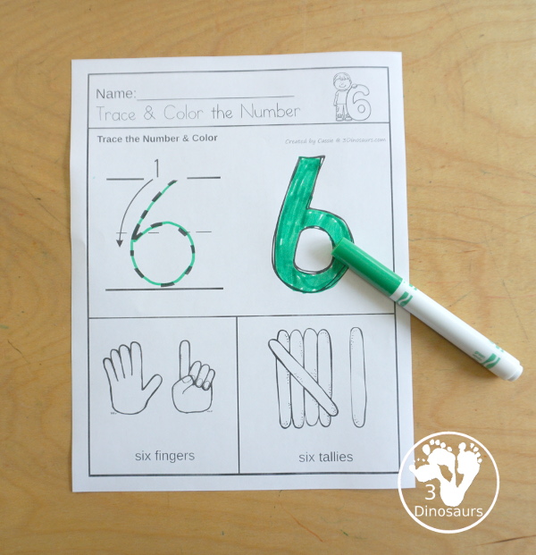 Number Trace and Color with Tally Marks and Finger Counting - Numbers1 to 20 with four ways to work on each number - 3Dinosaurs.com