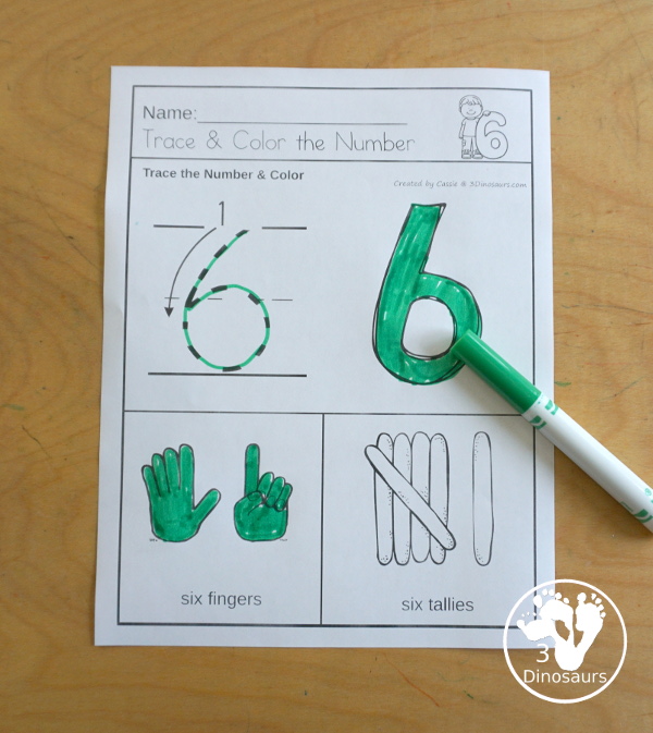 Number Trace and Color with Tally Marks and Finger Counting - Numbers1 to 20 with four ways to work on each number - 3Dinosaurs.com