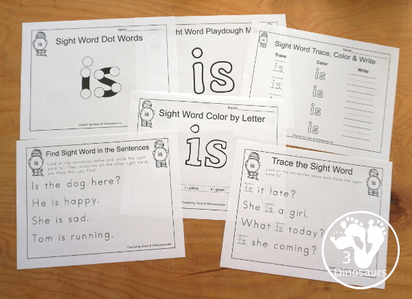 Free Romping & Roaring Preprimer Sight Words Packs Set 5: Is- 6 pages of activities for each preprimer sight words: is. These are great for easy to use learning centers - 3Dinosaurs.com