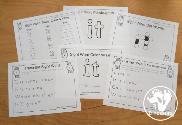 Free Romping & Roaring Preprimer Sight Words Packs Set 5: It - 6 pages of activities for each preprimer sight words: it. These are great for easy to use learning centers - 3Dinosaurs.com