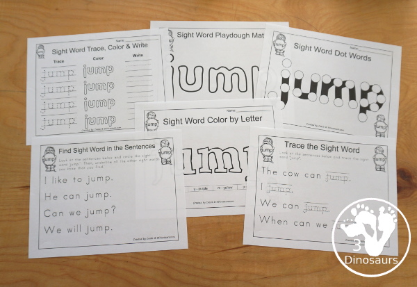 Free Romping & Roaring Preprimer Sight Words Packs Set 5: Jump - 6 pages of activities for each preprimer sight words: jump. These are great for easy to use learning centers - 3Dinosaurs.com