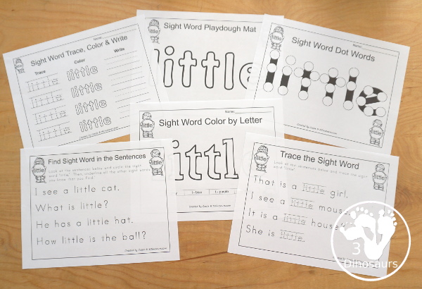 Free Romping & Roaring Preprimer Sight Words Packs Set 5: Little - 6 pages of activities for each preprimer sight words: little. These are great for easy to use learning centers - 3Dinosaurs.com