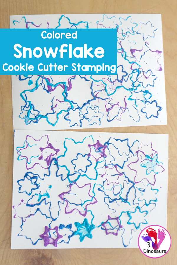 Colored Snowflake Cookie Cutter Stamping - A simple stamp painting with cookie cutters. You have several sizes and different colors of blues and purple - 3Dinosaurs.com