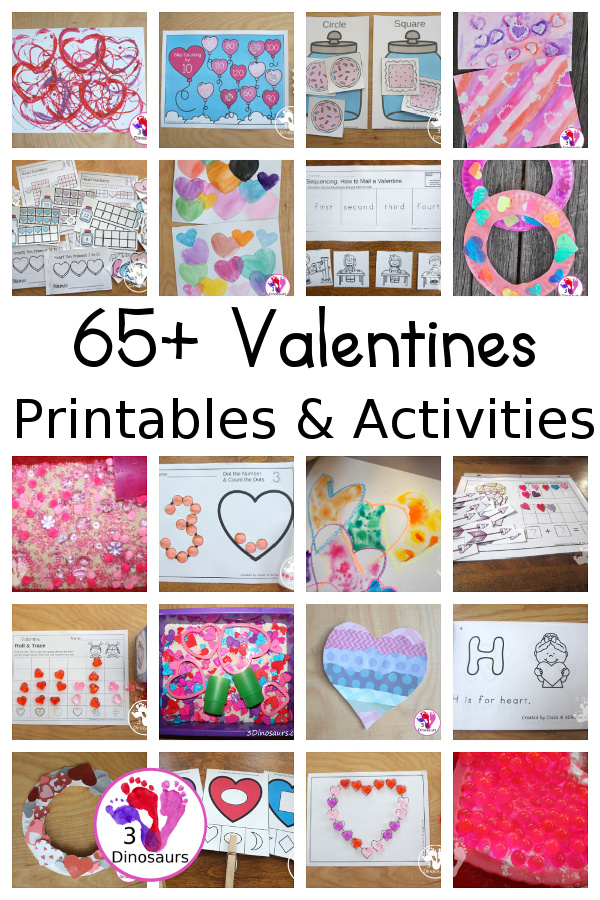 65+ Valentines Activities and Printables from 3 Dinosaurs - a collection of printables packs, ABCs, numbers, math, crafts, sensory bins and more #valentines #printablesforkids #handsonlearning #sensorybins