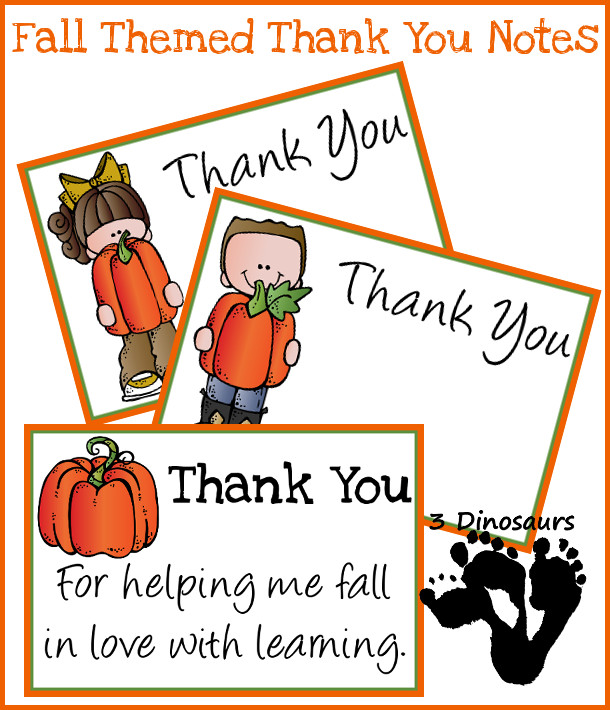 Free Fall Thank You Notes For Teachers – 3 Dinosaurs