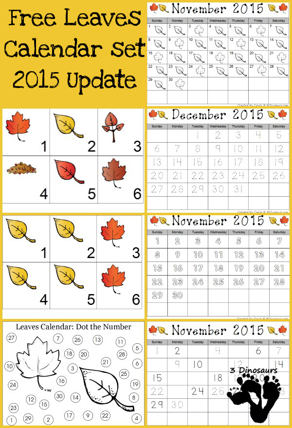 Free Leaves Calendar Set 2015 Update - 3Dinosaurs.com