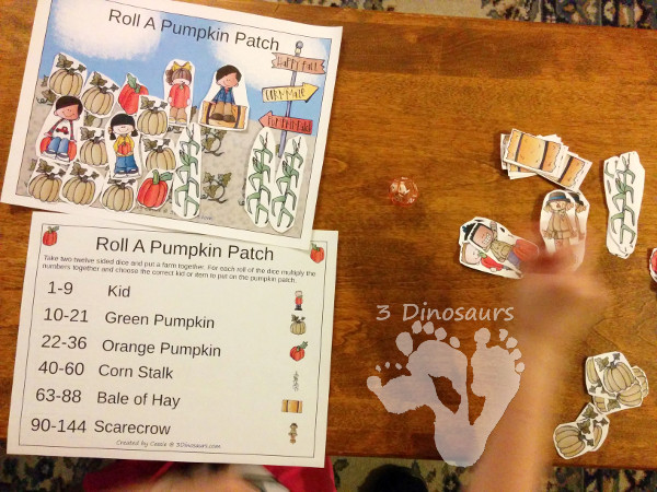 Free Roll A Pumpkin Patch Printable - 3 Levels of learning: counting, addition, and multiplication - 3Dinosaurs.com