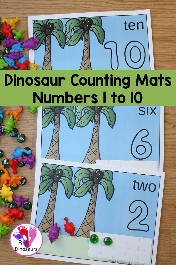 Free Dinosaur Themed Counting Mats: Number 1 to 10 - Each dinosaur counting mat has a playdough number, counting mat area and a ten frame to build the number. - 3Dinosaurs.com