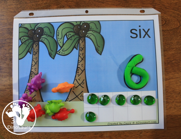 Free Dinosaur Themed Counting Mats: Number 1 to 10 - Each dinosaur counting mat has a playdough number, counting mat area and ten frame to build the number. - 3Dinosaurs.com