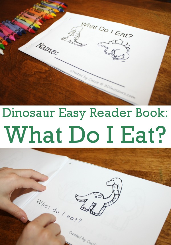 Free Dinosaur Themed Easy Reader book - 16 page book with dinosaur words with sight words eat, what - 3Dinosaurs.com