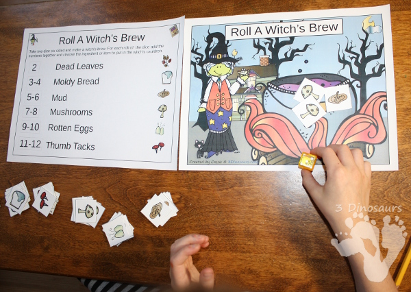 Free Roll A Witch's Brew Printable - 3 Levels of learning: counting, addition, and multiplication - 3Dinosaurs.com