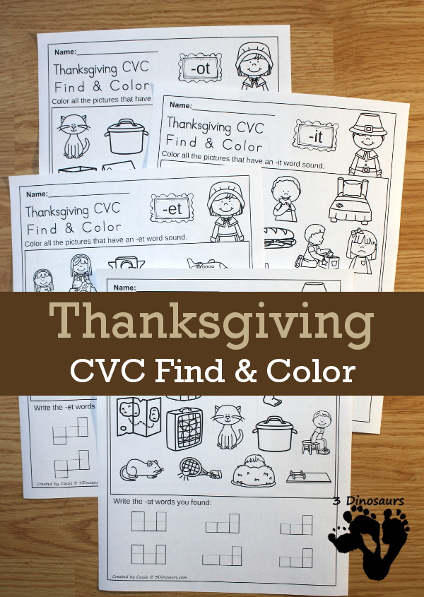 FREE No Prep CVC Find & Color Thanksgiving Fun: for cvc word families: -at, -et, -it, and -ot - 3Dinosaurs.com