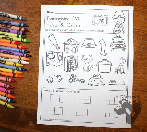 FREE No Prep CVC Find & Color Thanksgiving Fun: for cvc word families: -at, -et, -it, and -ot - 3Dinosaurs.com