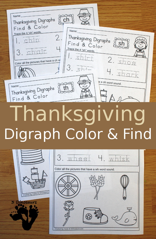 FREE No Prep Thanksgiving Digraph Find & Color: for beginning digraph: ch, sh, th and wh - 3Dinosaurs.com