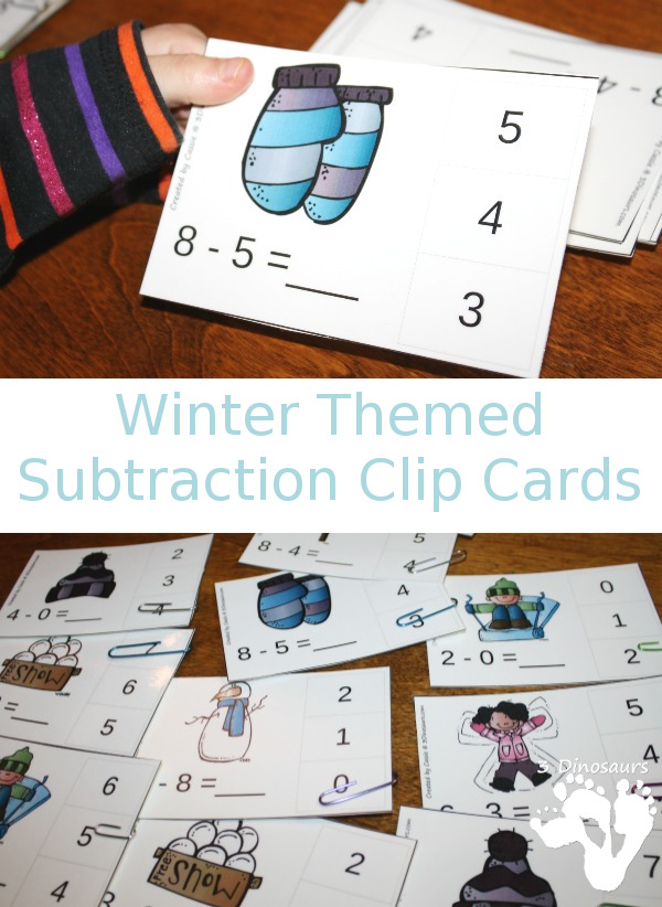 Free Easy to use Winter Themed Subtraction Clip Cards - 10 pages of clip cards with subtraction 0 through 10 - 3Dinosaurs.com