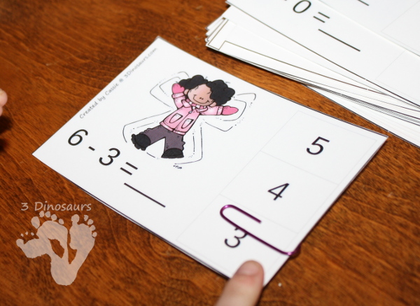 Free Easy to use Winter Themed Subtraction Clip Cards - 10 pages of clip cards with subtraction 0 through 10 - 3Dinosaurs.com