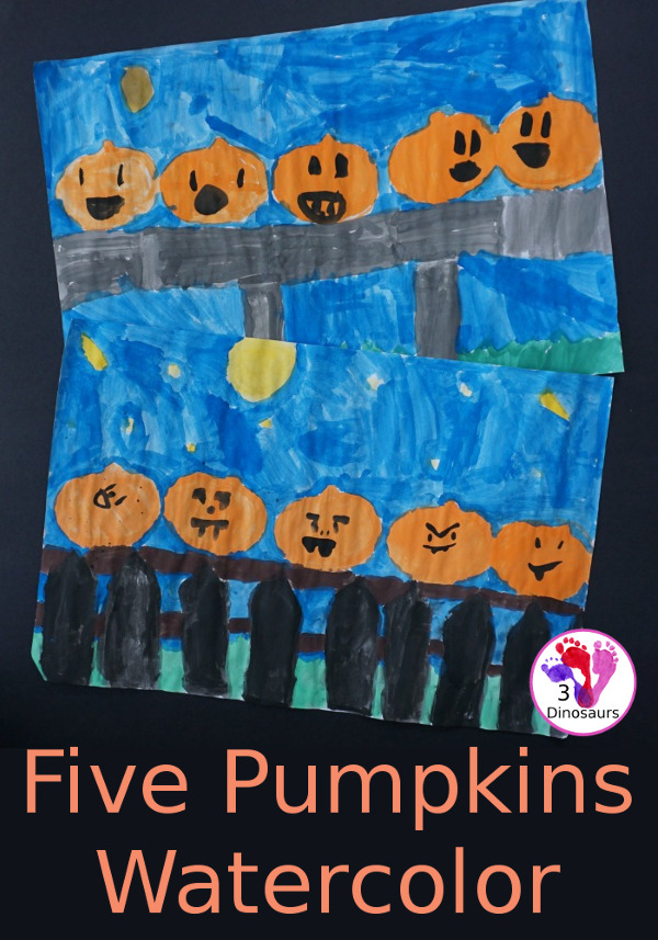 5 Pumpkins Sitting on a Gate Watercolor - a fun easy to do watercolor painting - 3Dinosaurs.com