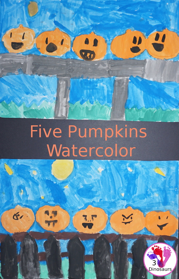 5 Pumpkins Sitting on a Gate Watercolor - a fun easy to do watercolor painting - 3Dinosaurs.com