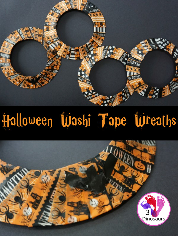 Fun Fine Motor Craft: Washi Tape Halloween Wreath - kids will get will work on fine motor skills while making a fun wreath for Halloween. - 3Dinosaurs.com