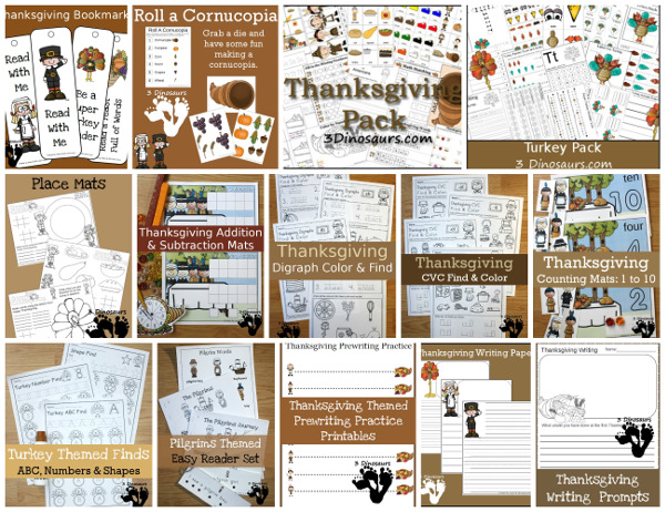 Thanksgiving Activities & Printables: learning to read, hands-on activities, themed packs, math, numbers, sensory bins arts and crafts - 3Dinosaurs.com #preschool #kindergarten #thanksgvingforkids #printablesforkids
