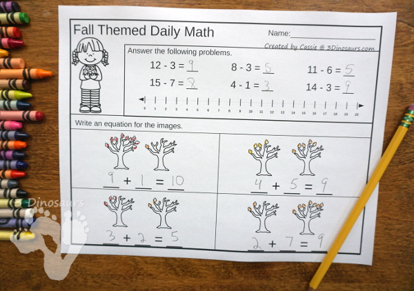 No Prep Fall Themed Addition & Subtraction and Multiplication & Division - 30 pages no-prep printables with a mix of addition and subtraction or multiplication and division activities plus a math center activities with three fall themes: general fall, apples and pumpkins - 3Dinosaurs.com #noprepmath #tpt #addition #subtraction #multiplication #division #fallforkids #pumpkins #apples #fall
