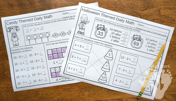 No Prep Halloween & Candy Themed Addition & Subtraction and Multiplication & Division - 30 pages no-prep printables with a mix of addition and subtraction or multiplication and division activities plus a math center activities with Halloween and candy themes - 3Dinosaurs.com #noprepmath #tpt #addition #subtraction #multiplication #division #halloween #candytheme #fall