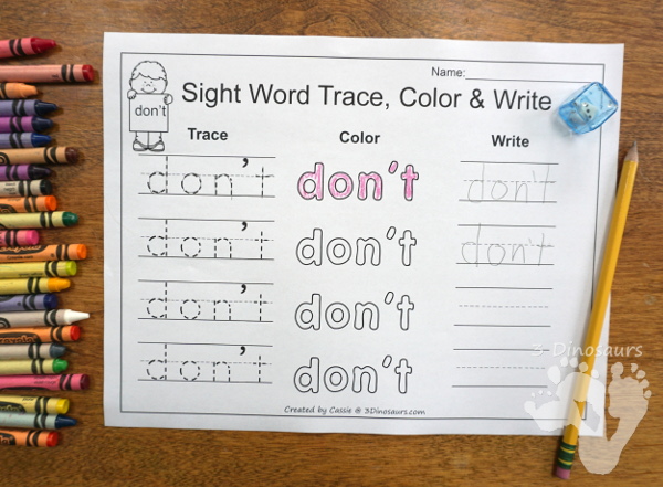 Free Romping & Roaring Second Grade Sight Words: call, cold, does, don't 6 pages of printables for each word - 3Dinosaurs.com