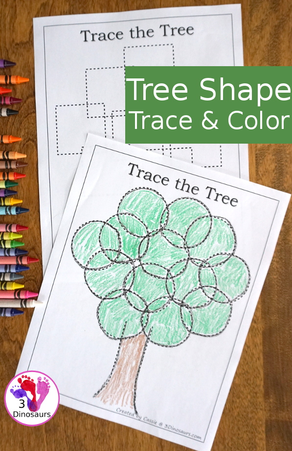 Free Tree Shape Trace and Color - with 12 shapes to trace for the leaves - 3Dinosaurs.com #freeprintable #finemotor #shapes #preschool #kinder