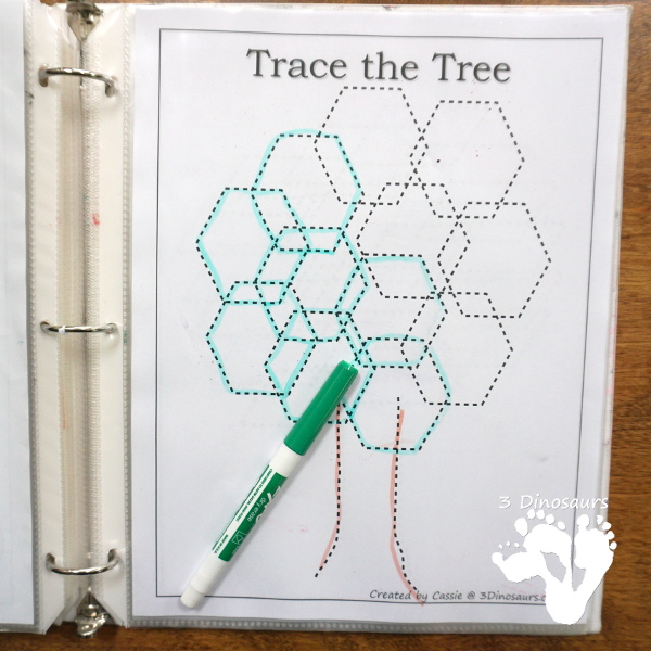 Free Tree Shape Trace and Color - with 12 shapes to trace for the leaves - 3Dinosaurs.com #freeprintable #finemotor #shapes #preschool #kinder